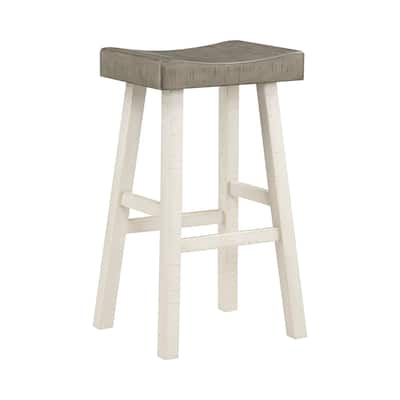 Casy 30 Inch Bar Height Stool, Gray Saddle Seat, White Rubberwood Frame