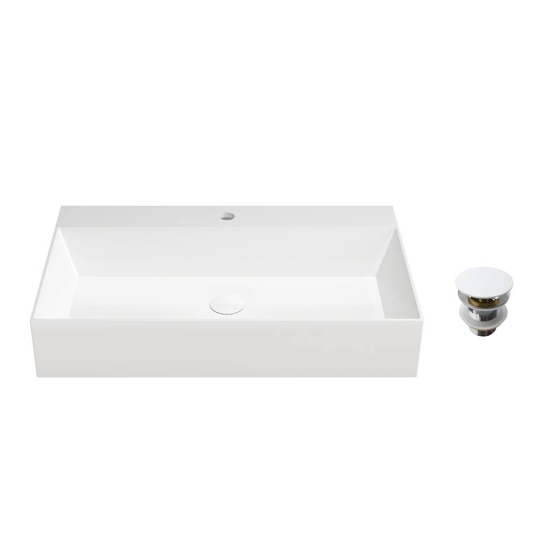 Solid Surface Wall-Mounted Rectangular Bathroom Sink with Pop-Up Drain, Modern Floating Wash Basin with Center Drain