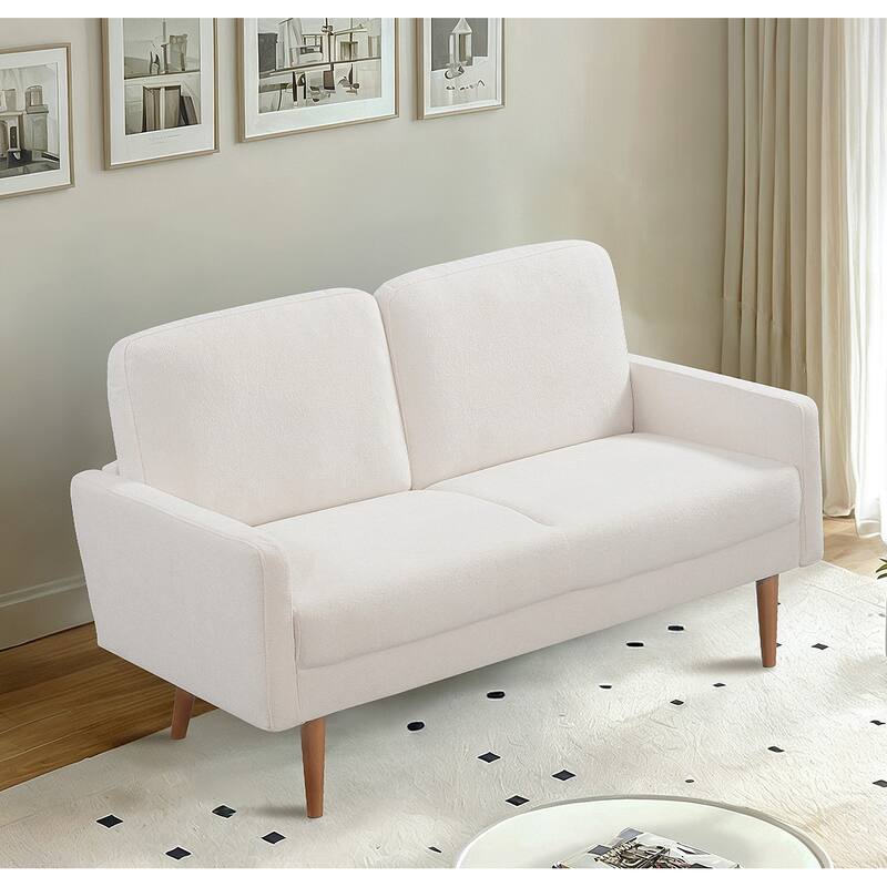 Velvet Upholstered Loveseat Sofa, Small Loveseat Sofa Couch with Rubber Wood Legs, 2 Seater Couch with Throw Pillow