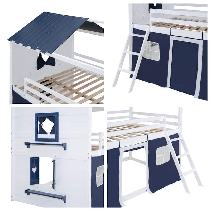Full Size Bunk Wood House Bed with Elegant Windows, Sills and Tent