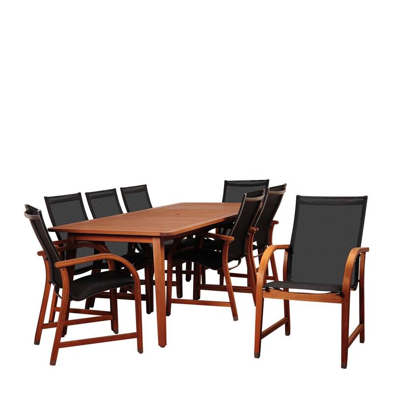 9-Piece Brown Eucalyptus Outdoor Patio Dining Set Sling Chair 85"