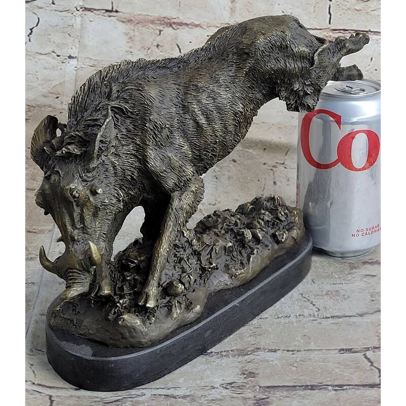 Wild Boar Feral Hog Pig Kicking Hind Legs Bronze Sculpture Statue Figure On Marble Base