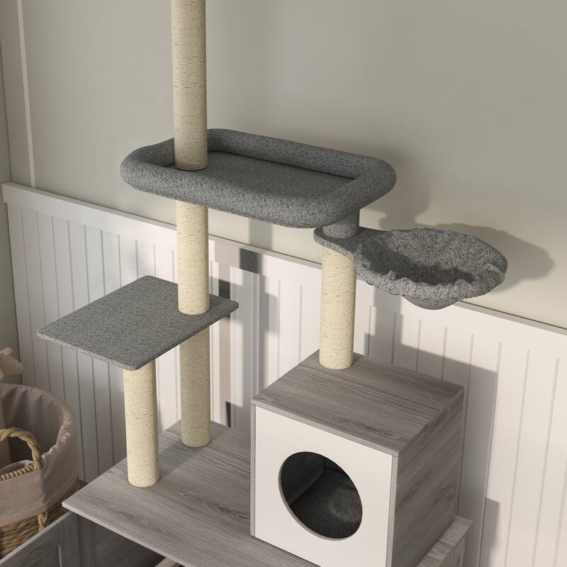 PawHut Cat Tree with Litter Box Enclosure, 2 in 1 Floor to Ceiling Cat Tower Litter Box Furniture