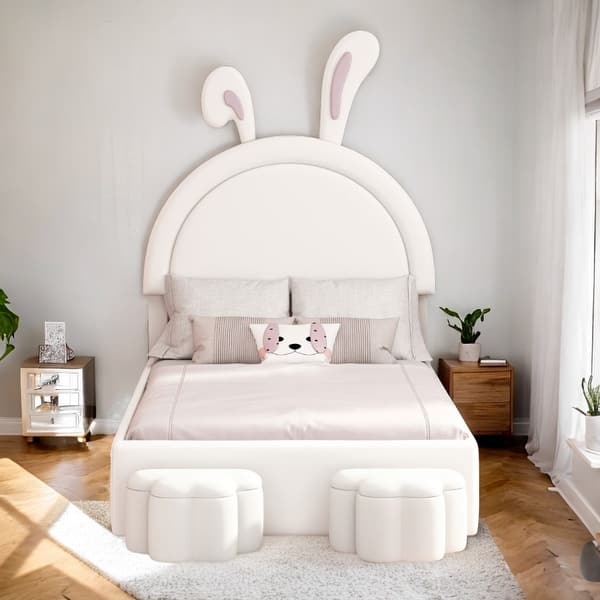 slide 2 of 8, Velvet Upholstered Rabbit-Shape Platform Bed with 2 Storage Stools
