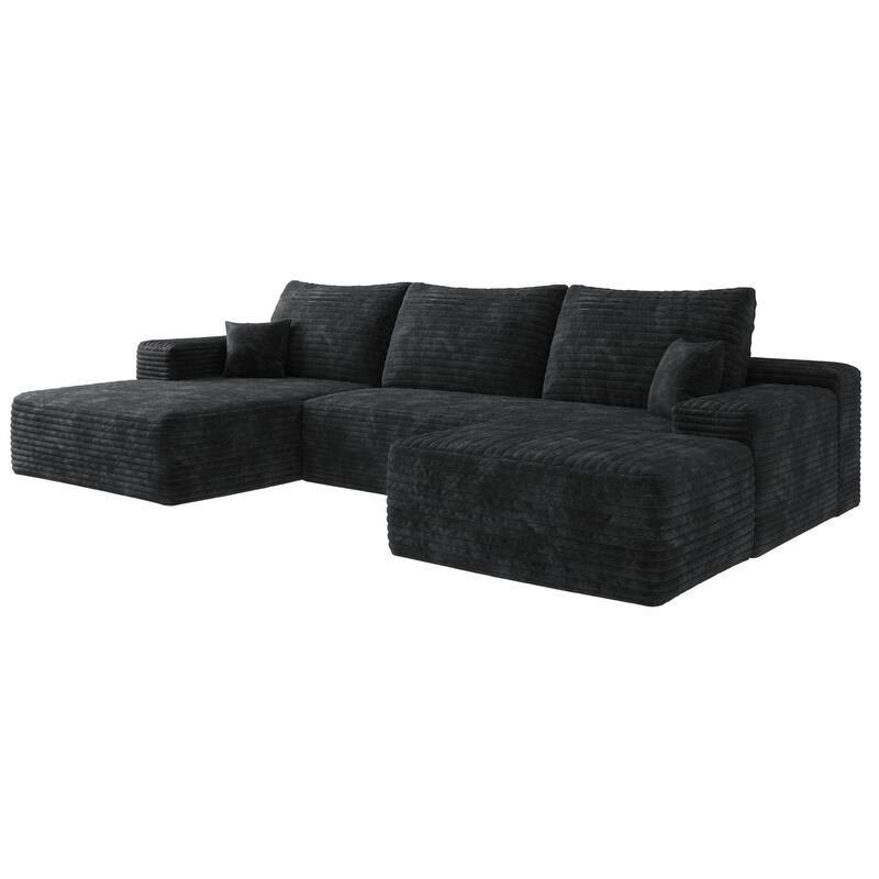U Shaped Modular Sectional Sofa with Ottoman & Chaise, Corduroy Upholstered Boneless Couch, Corner Deep Seat Compressed Sofa
