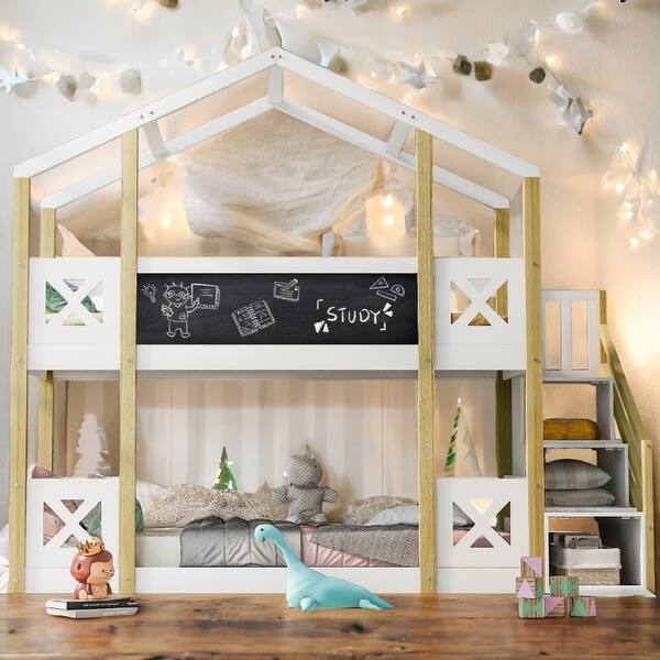 slide 2 of 16, Twin over Twin House Bunk Bed with White Storage Staircase and Blackboards White