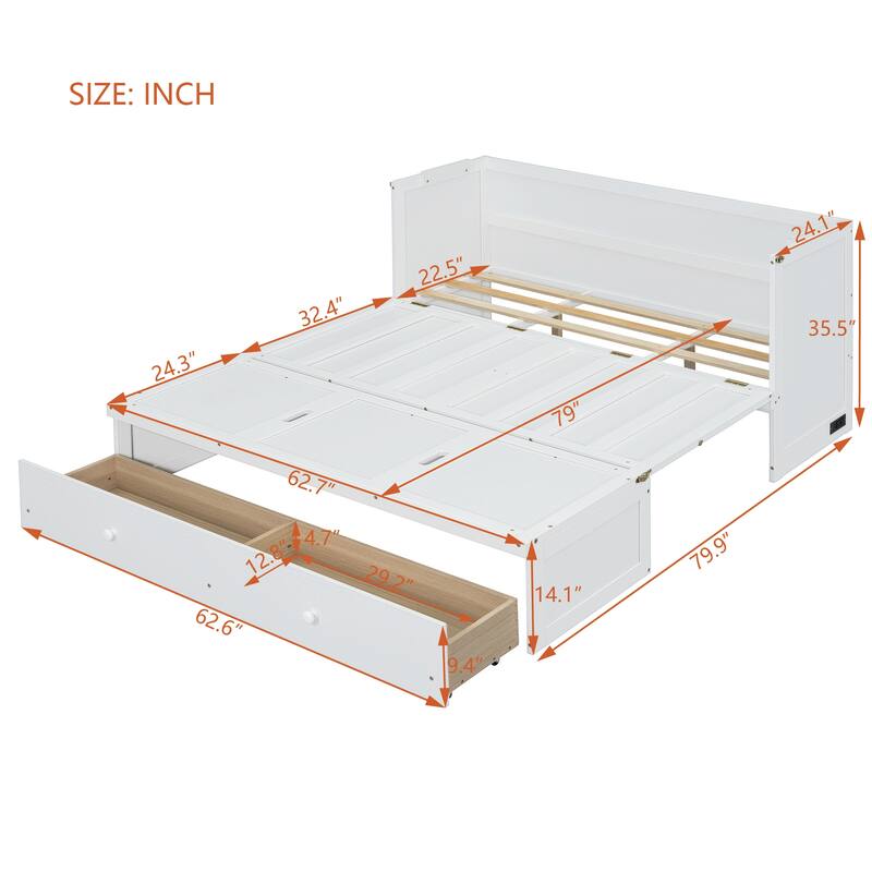 Queen Size Murphy Bed with USB Port and Large Drawer, Space-Saving Design, No Box Spring Needed, Espresso Finish