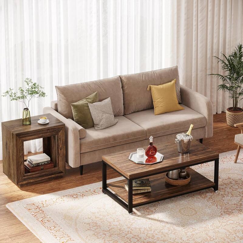 24" Rustic 2-Tier End Table, Side Table with Storage Shelf, Sofa Nightstand for Living Room, Bedroom, Entryway