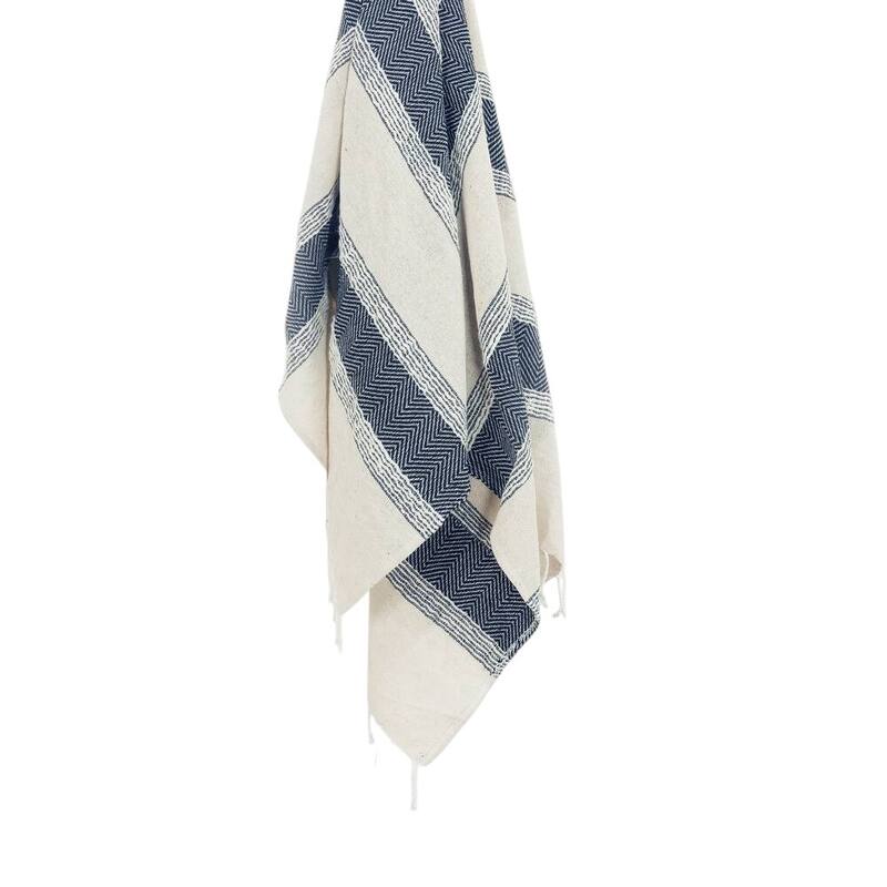 HomeRoots 50" X 60" Blue And Ivory Cotton Woven Striped Throw Blanket with Fringe