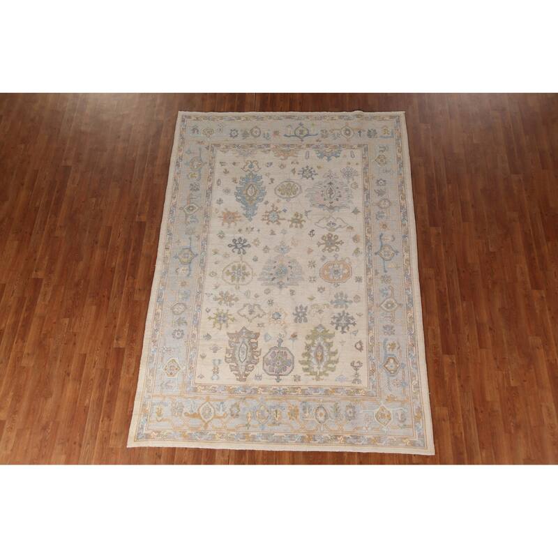 Ivory Oushak Vegetable Dye Turkish Area Rug Handmade Wool Carpet - 6'3"x 9'0"