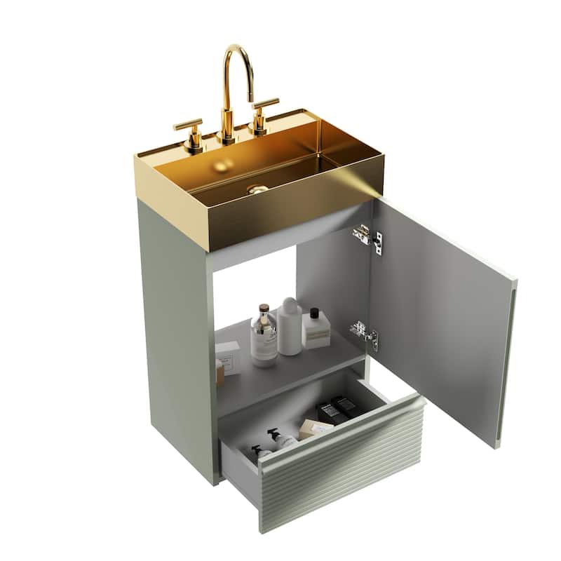 20" Striped Bathroom Vanity with Integrated Brushed Gold Stainless Steel Bathroom Sink, One-Piece Metal Basin without Faucet