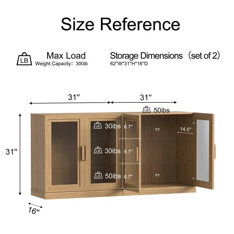 62"LX31"H Solid Wood Kitchen Pantry Sideboard Buffet Cabinet Storage with Glass Doors