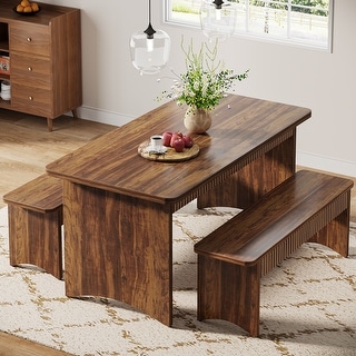 55 Inches Brown Wood Dining Table with 2 Benches for 4-6 People - Bed ...
