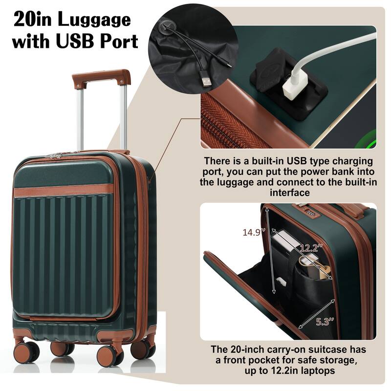 Luggage Set of 3, 20inch with USB Port, front opening design Airline Certified Carry on Luggage, ABS Hard Shell Luggage