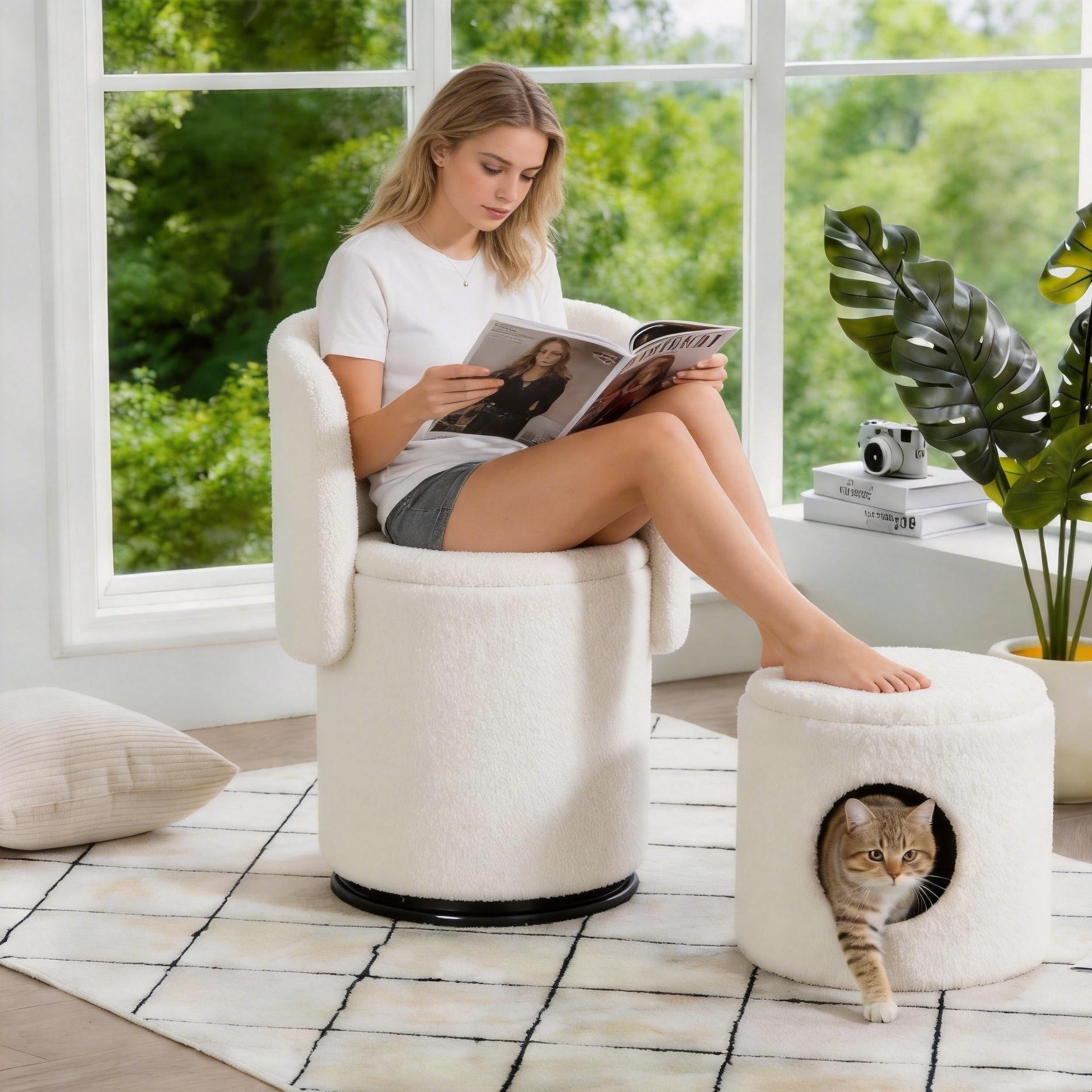 Storage Barrel Chair, Swivel Vanity Stool, Soft Padded Accent Seat with Cat Bed Stool