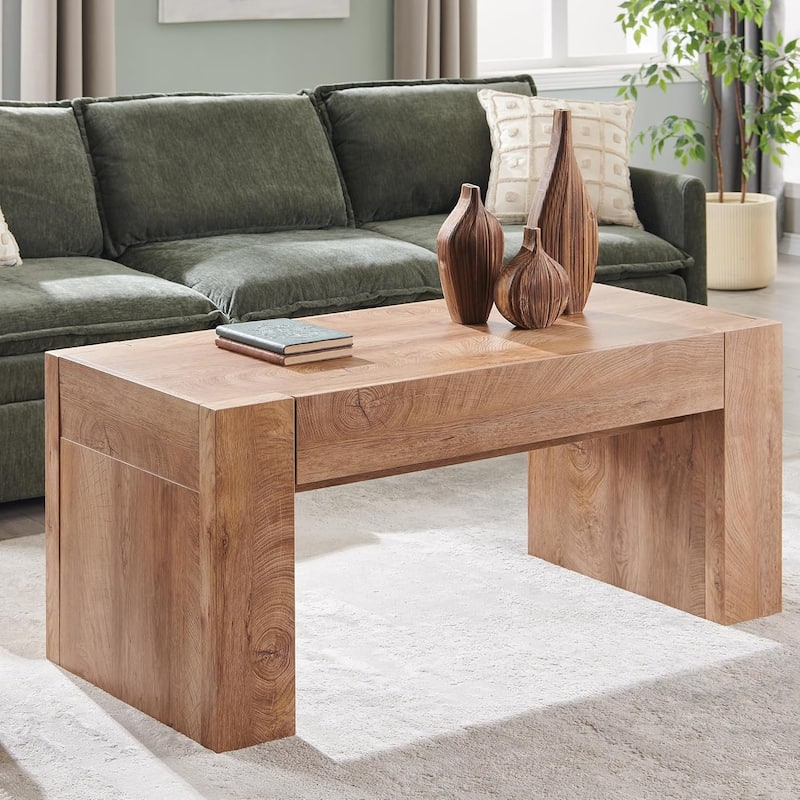 Modern Coffee Table, Wooden Living Room Table w/ Hidden Storage Drawer - Light Knotty Wood