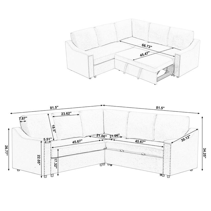 81.5'' L-Shaped 5-Seater Sectional Sofa with Pull-Out Bed and Six Pillows, Multifunctional Corner Couch for Living Areas