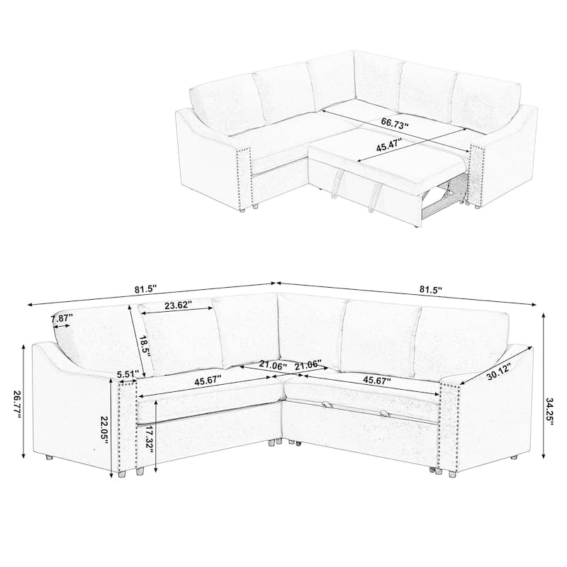 L-shaped Sleeper Sofa Bed in Beige Polyester, Multifunctional for Living Room & Office