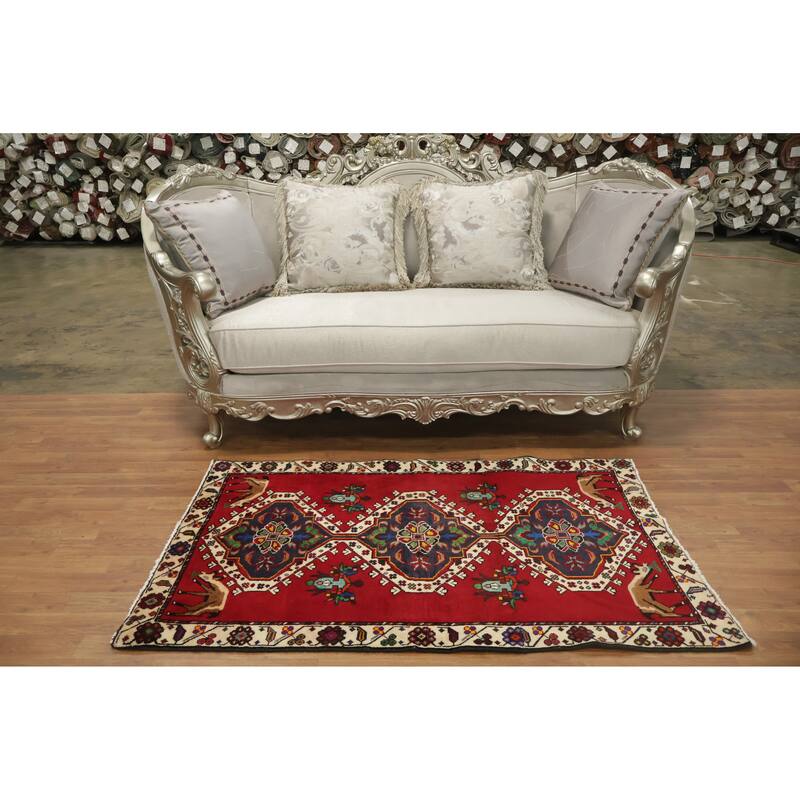 Hand Knotted Oriental 100% Wool Carpet Traditional Geometric Red Shiraz Area Rug - 5' 0'' X 3' 1''