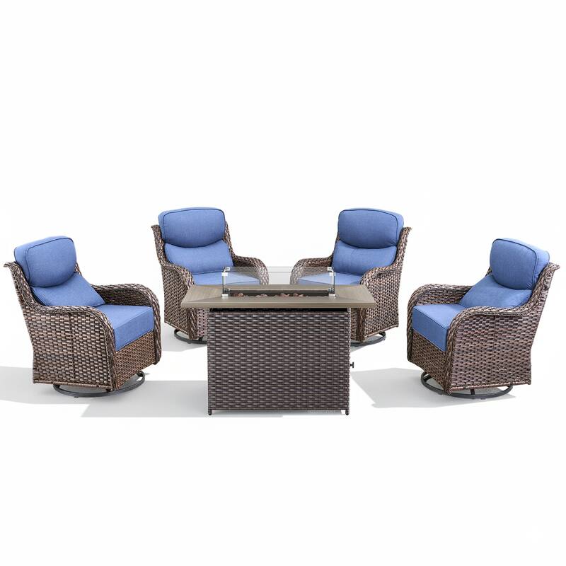 Arcadia 5-Piece Patio Conversation Set with 4 Swivel Glider Chairs and Wicker Fire Pit