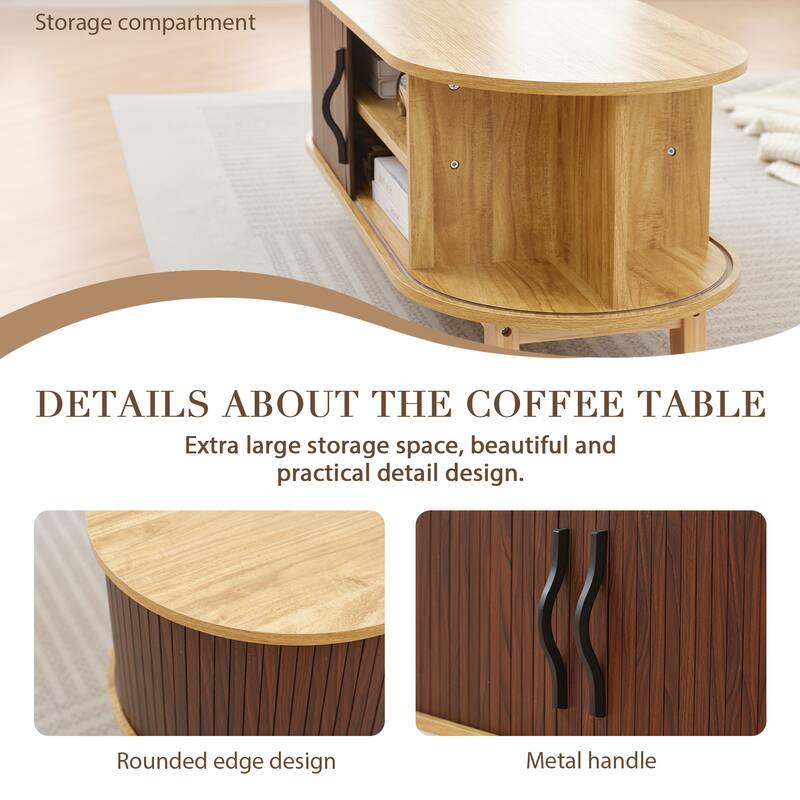 Sliding Door Coffee Table with Solid Wood Legs, Smooth Edges, and Ample Storage