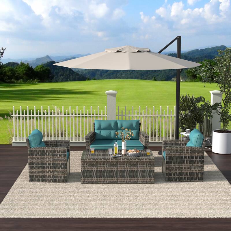 Cruz 4-Piece Outdoor Wicker Cushioned Patio Set and Storage Table - Turquoise