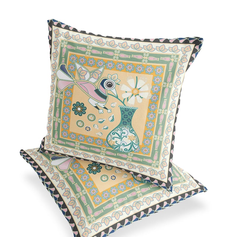 HomeRoots Set of Two 16" X 16" Beige and Green Peacock Blown Seam Floral Indoor Outdoor Throw Pillow - 16.00' X '16.00' X '5.00