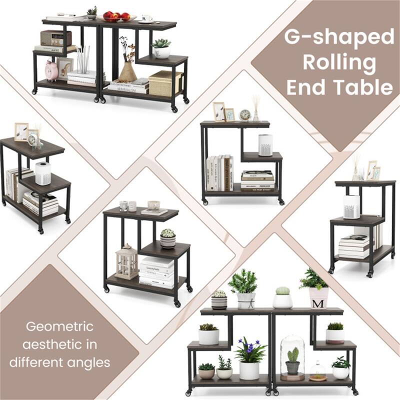 Engineered Wood and Metal G Shaped Side Table with Casters - 23" x 12" x 24"