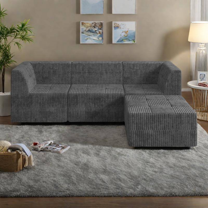 97.25" Modular L-Shaped Corduroy Sectional Sofa with No-Assembly Foam Construction & Convertible Sleeper Function - Grey