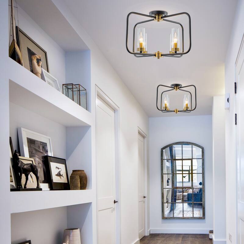 4 Light Industrial Black Metal Flush Mount Ceiling Light with Glass Tube Shade - Dia.20.28-in