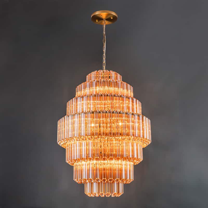 20-Light Mid-Century Modern Gold Chandelier 4-Tiered Amber Glass Large Traditional Ceiling Light for Dining Room