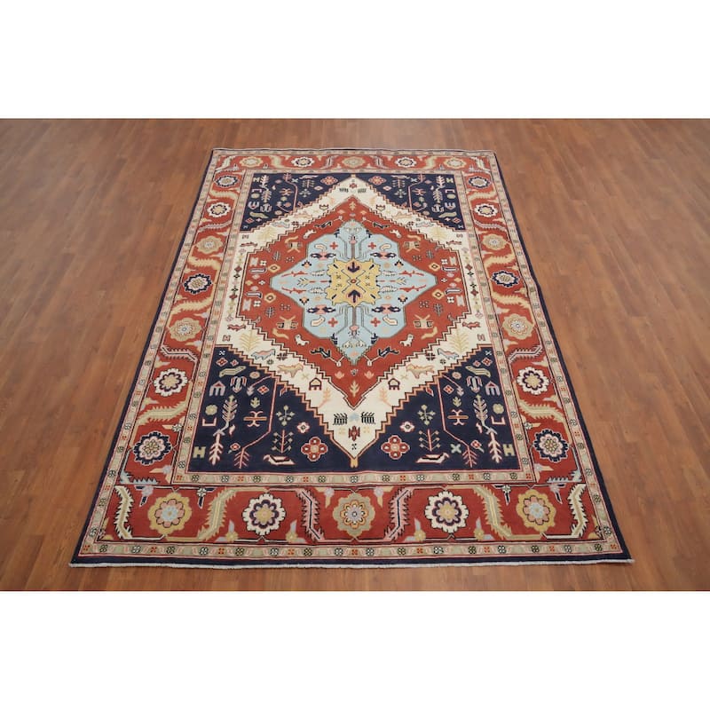 Hand Knotted Oriental 100% Wool Carpet Traditional Medallion Oranges & Rust Heriz (serapi) Area Rug - 9' 0'' X 6' 0''
