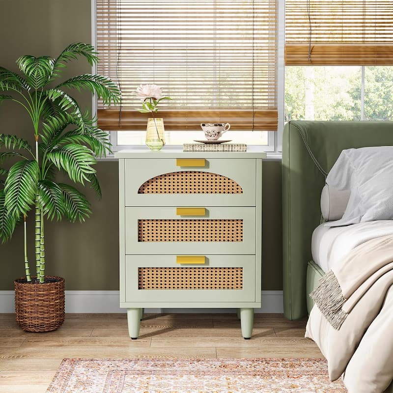 Rattan Nightstand, 3-Drawer Storage Bedside/End Table for Bedroom, Living Room, Sofa Side & Office - Mint Green