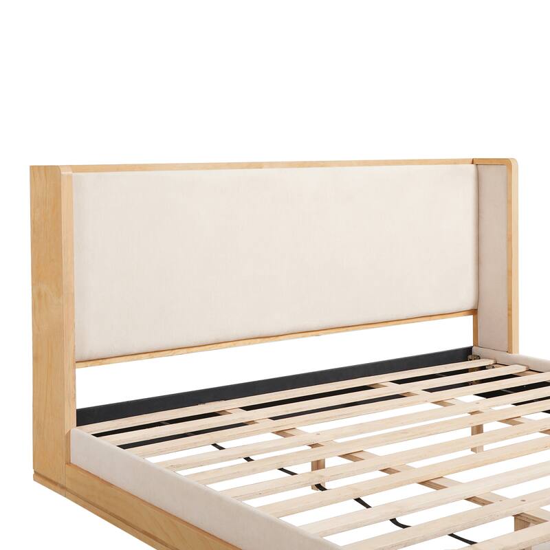 Wood Low Profile Bed Frame with Headboard, Mid-Century Floor Fabric Upholstered Bed Frame, Wood Slats Support, Beige + Nutural