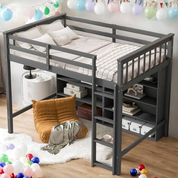 slide 2 of 18, Multi-Functional Twin Size Loft Bed with 8 Open Storage Shelves and Built-in Ladder, Space Saving, Solid Construction, Gary