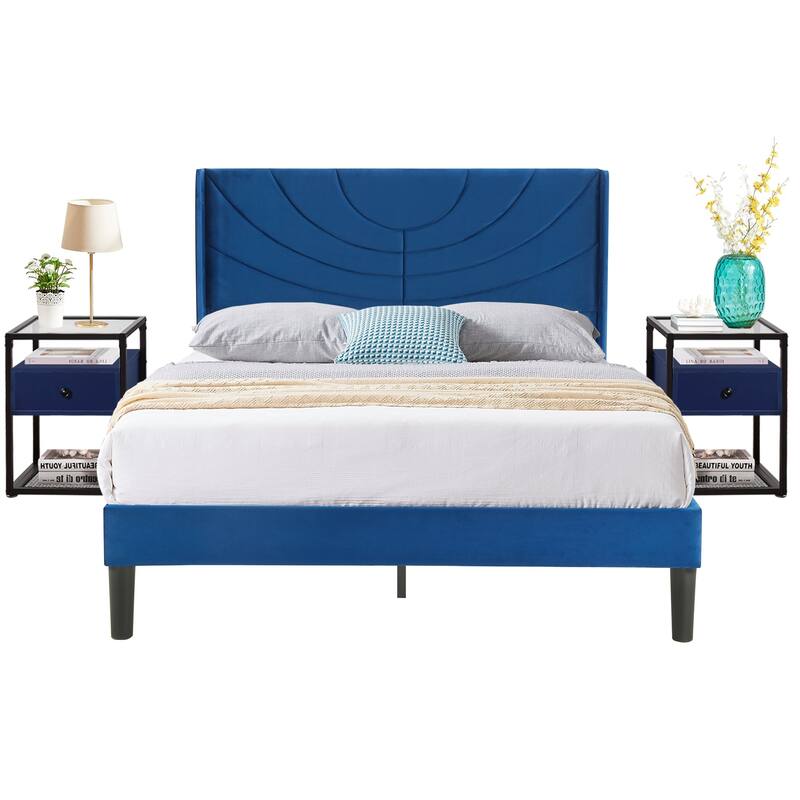 Bedroom Sets, 3-pieces Bedroom Set with Height Adjustable Upholstered Bed and Nightstands Set of 2-VECELO, 15 Style Options - Blue - Full