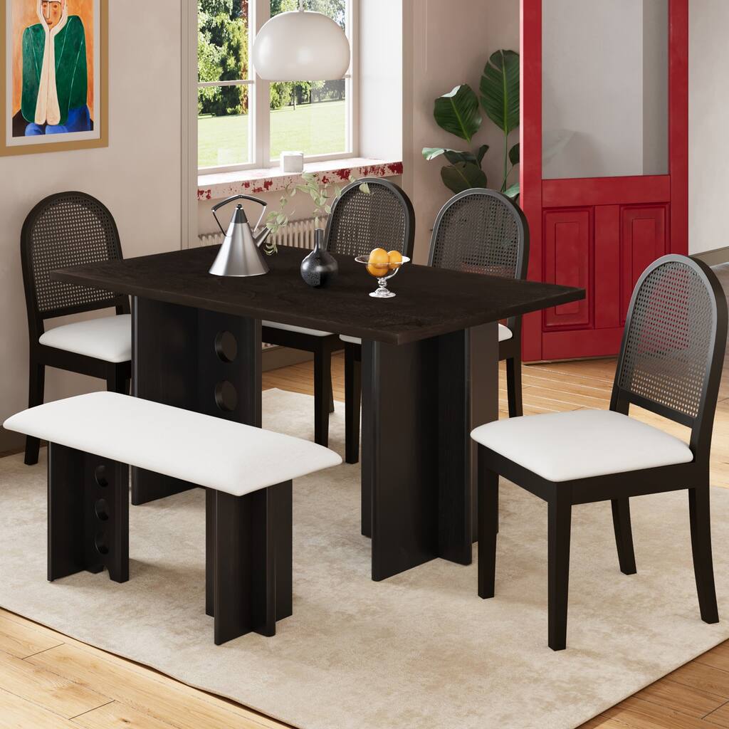 Double Pedestal Kitchen Table Set, 6-Piece Dining Table Set with 4 Upholstered Rattan Back Dining Chairs & Bench for Dining Room