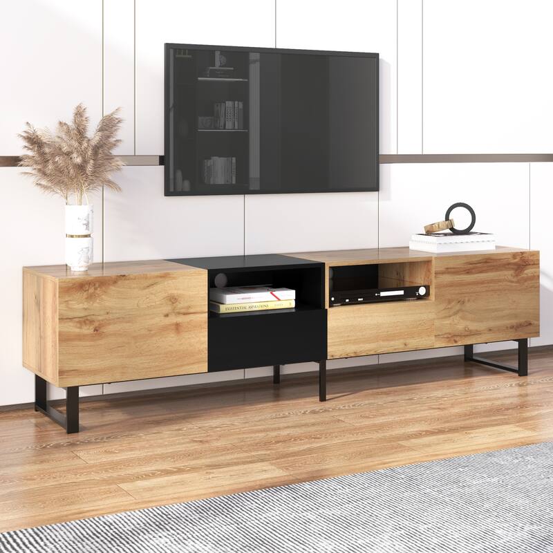 TV Stand with 2 Cabinets and Open Storage Compartment,Media Console Table with Drop Down Door for TVs up to 85"