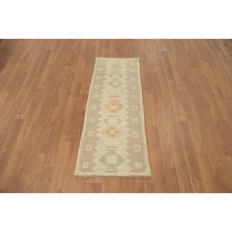 Hand Woven Oriental 100% Wool Carpet Southwestern Tribal Beige & Ivories Kilim Area Rug - 4' 3'' X 1' 7''
