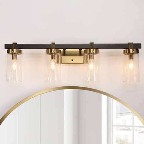 Modern Black Gold 4-Light Linear Bathroom Vanity Light Glass Wall Lighting - 28" L x 5" W x 8.5" H