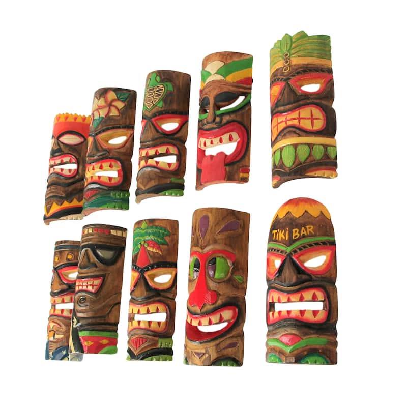 Zeckos Hand Carved Island Style Wooden Tiki Masks 10 Inch (Set Of 10)