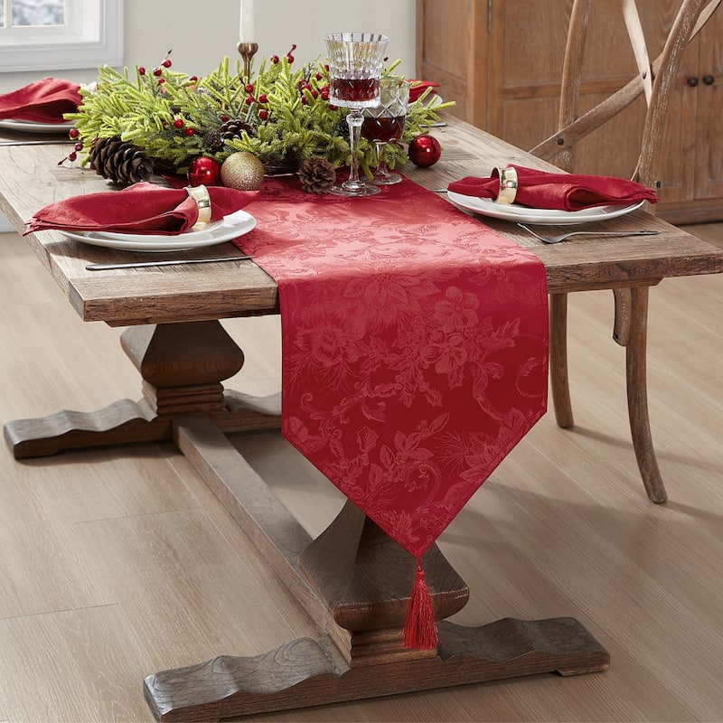 Poinsettia Elegance Jacquard Holiday Table Runner - 13"x70" - Red