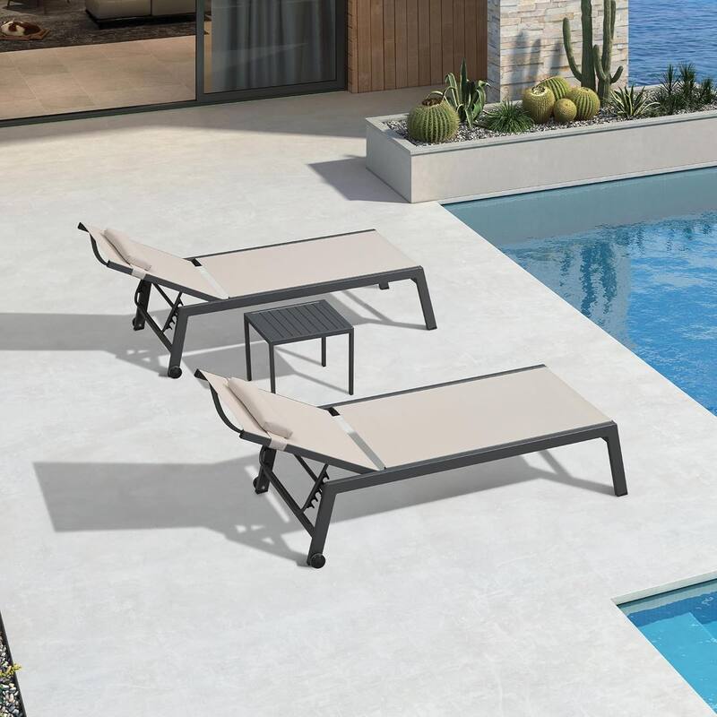 PURPLE LEAF Lounge Chair Set for Outside Aluminum Patio Recliner with Side Table and Pillow Beach Sunbathing Tanning Chairs - Oversized(Beige)