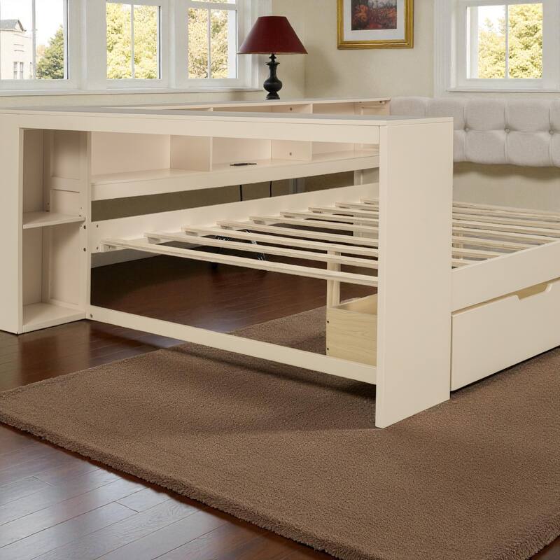 Wood Twin/Full Platform Bed with Upholstered Headboard, Storage Shelves, Drawers and Charging Station, No Box Spring Needed