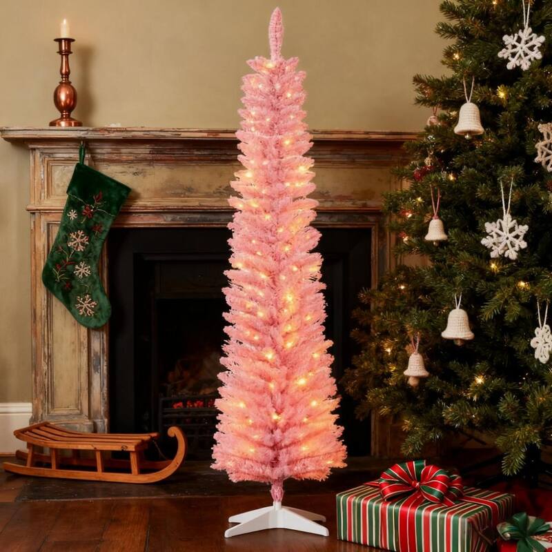 Pre-Lit Pencil Artificial Tree - Colorful Surface Branches, LED Lights - Pink