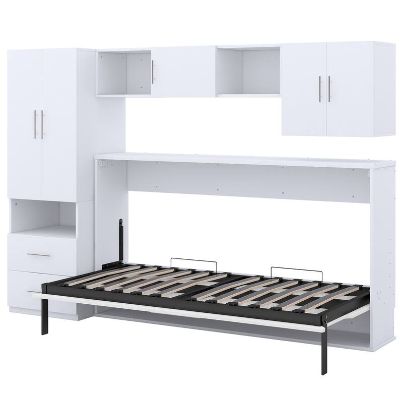 Twin Size Wall Bed with Shelves, Storage Drawers, Wardrobe, and Desk, White