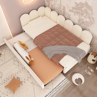 L Shape Daybed Twin Size Upholstered Platform Bed with Trundle, Interchangeable Side Panels and Metal Slatted Frame
