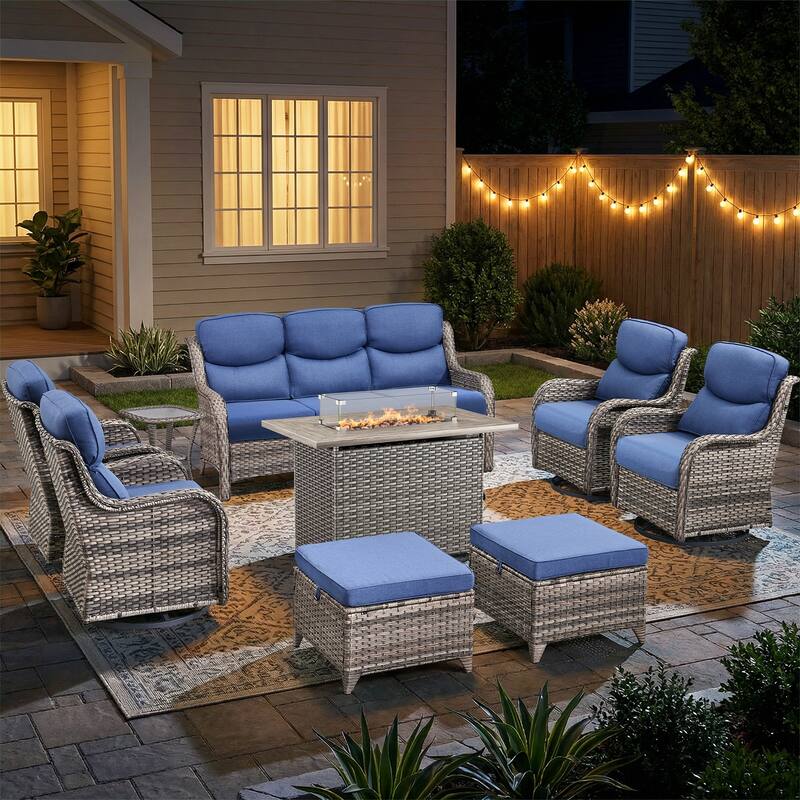 Pocassy Outdoor Fire Pit Sofa Swivel Chairs Ottoman Furniture Set - Gray Wicker Blue Cushion - 9-Piece Sofa Swivel Chair Ottoman w/ Fie Table