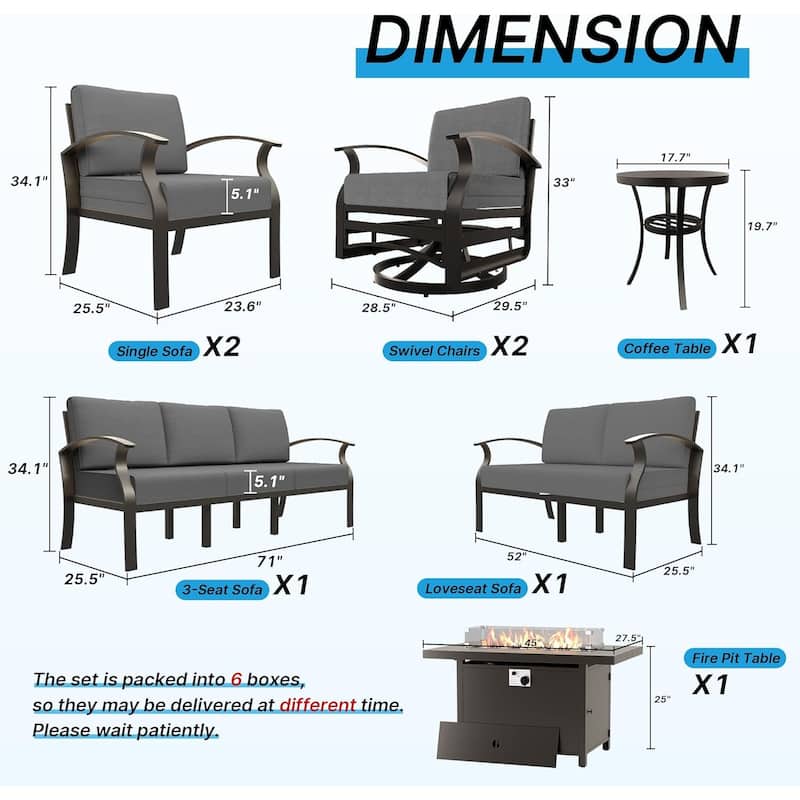 Aluminum Patio Furniture Set with FirePit Ottomans Swivel Chairs,Sectional Sofa with Thick Seat Cushions for Porch Garden