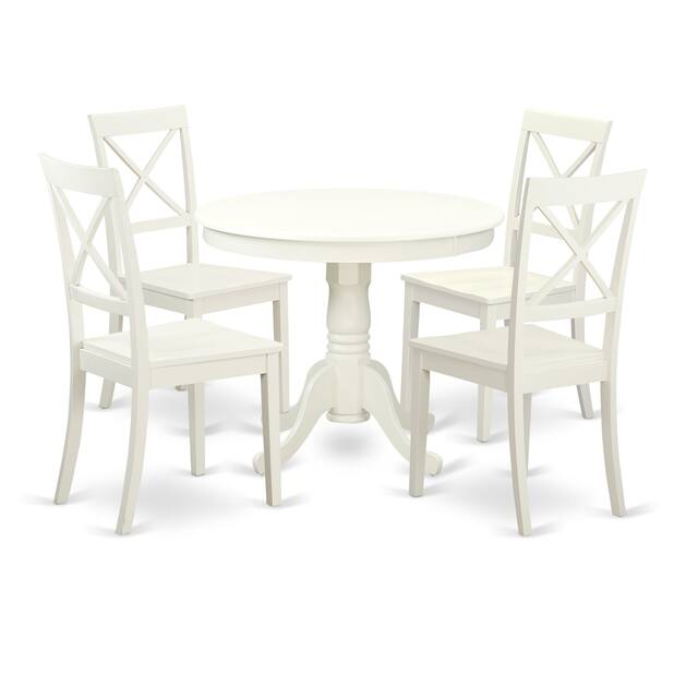 Dining Set Included Pedestal Dining Table and Wooden Chairs - Linen White Finish (Number of Chair Option)